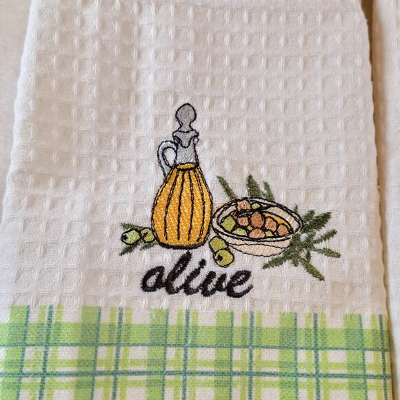 4 Olive Kitchen Towels Lavien Embroidered Waffle Cotton Blend 16x24" Green Plaid - Picture 2 of 13